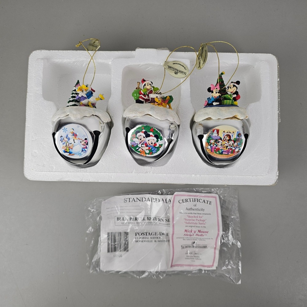 Ashton Drake Disney Mickey Mouse Sleigh Bells Ornament Set of 3 COA
